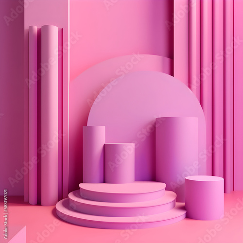 Abstract pink-violet pedestal model made of geometric solids, cylinders, spheres. Generative AI.