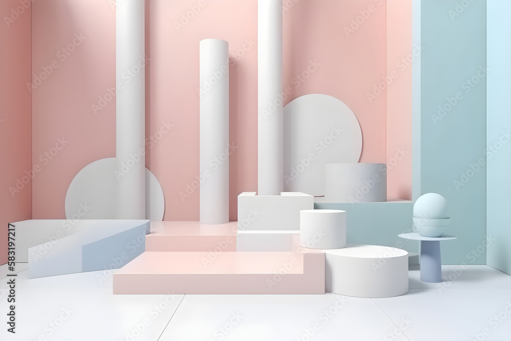 Abstract pastel podium model made of geometric solids, cylinders, spheres. Generative AI content. Abstract pastel podium model made of geometric solids, cylinders, spheres. Generative AI content.