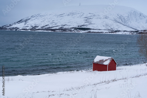 coastline snowy nature in tromso, norway