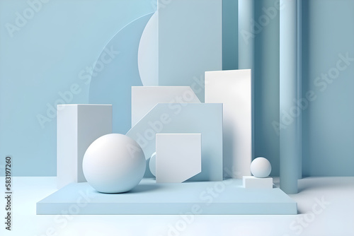 Abstract basic model of geometric bodies, cylinders, spheres in pastel blue with white color. Generative AI. © Irina