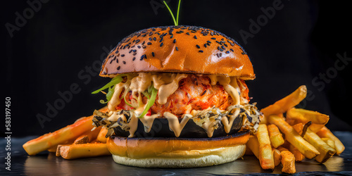 Hamburger Cheeseburge Spezial Delikat Beef Vegie Hummer Shrimps Döner Generative AI Digital Art Hintergrund Magazin Kunst  photo