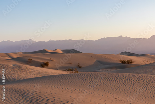 Panoramic view on natural pattern in sand during sunrise at Mesquite Flat Sand Dunes  Death Valley National Park  California  USA. Morning walk in Mojave desert with Amargosa Mountain Range in back