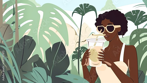 Summer resort illustration of woman in sunglasses and swimsuit holding juice with tropical foliage in the background. Generative AI