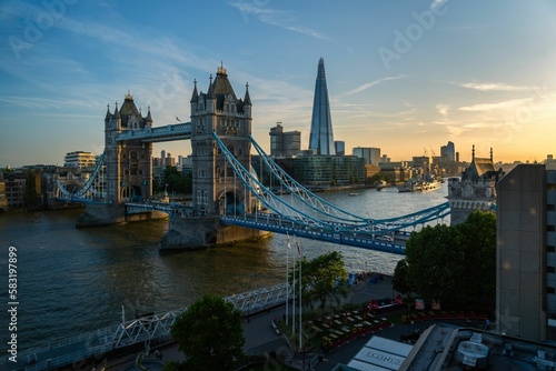 Scenic shot of the Tower Bridge and the city skyline in London  Europe during sunset