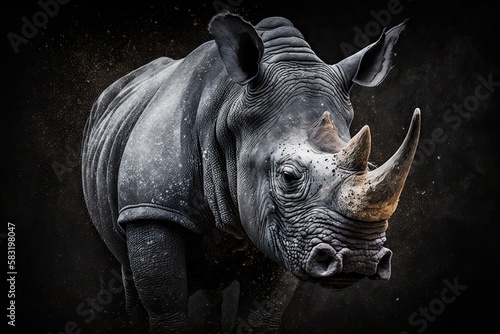 The Power of Nature  Isolated Portrait of a Muscular Rhino with a Dangerous Horn  Generative AI