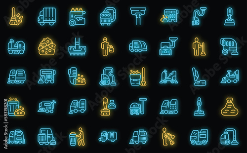 Sweeper icons set outline vector. Street truck. Machine broom neon color on black