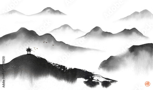 Ink wash painting with landscape in chinese style with pagoda temple and misty mountains. Traditional Japanese ink wash painting sumi-e. Translation of hieroglyph - well-being
