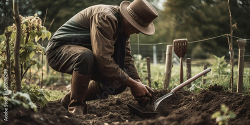 Farmer is cultivating land in the garden with hand tools - Generative AI