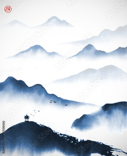 Ink wash painting with landscape in chinese style with pagoda temple and blue misty mountains. Traditional Japanese ink wash painting sumi-e. Translation of hieroglyph - joy