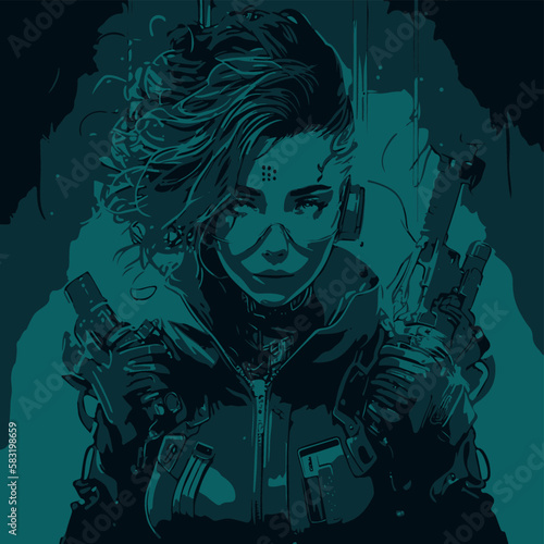 woman soldier with gun  girl soldier with a sword  vector  cyberpunk