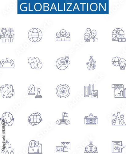 Globalization line icons signs set. Design collection of Internationalization, Integration, Liberalization, Convergence, Multinationals, Free Trade, Interdependence, Mobility outline concept vector