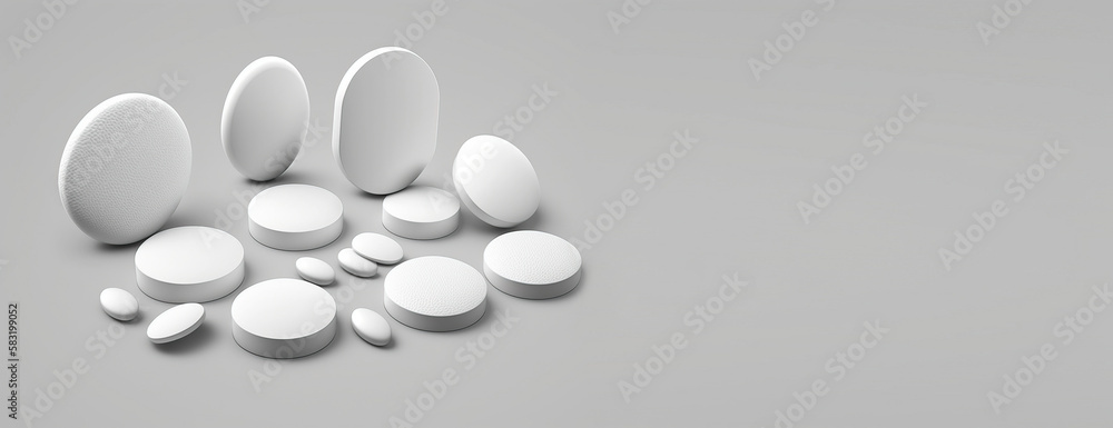 White medical pills in bulk of various shapes on a gray background. Header banner mockup with space. AI generated.