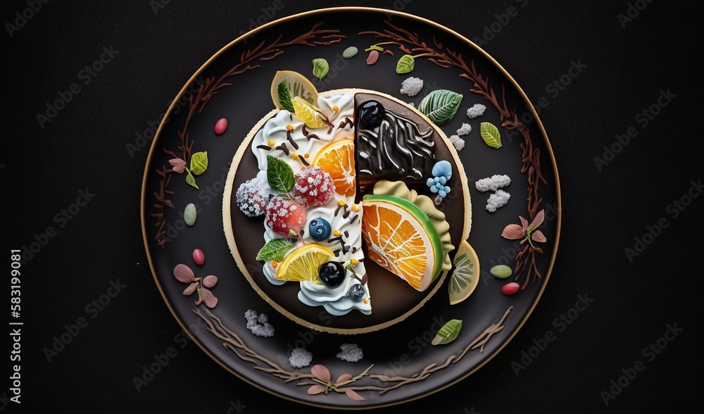  a plate of cookies decorated with fruit and leaves on a black background.  generative ai