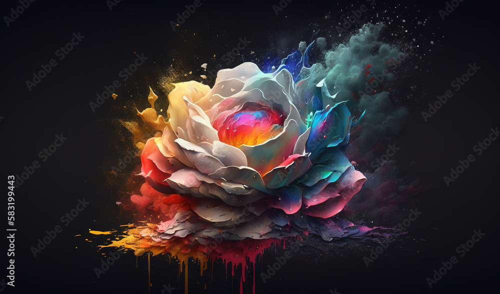  a colorful flower with a black background and a splash of paint.  generative ai