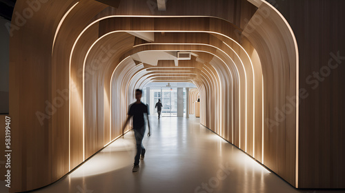 Modern Wood Carved Office Hallway  People Walking