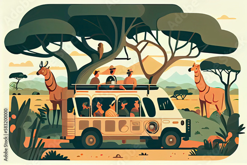 People in safari tour, savanna wild landscape vector illustration. Cartoon group of tourist characters © rufous