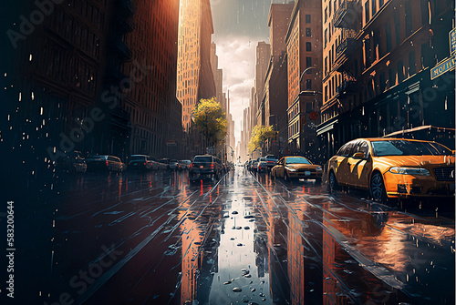 New York street afternoon after rain illustration