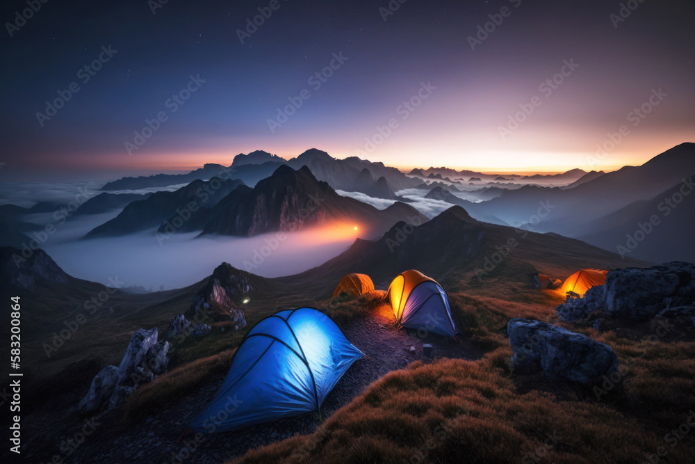 Tents set up in a steep mountainous area, Generative AI