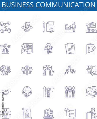 Business communication line icons signs set. Design collection of Networking, Strategies, Negotiation, Reports, Presentations, Courses, Quality, Policies outline concept vector illustrations
