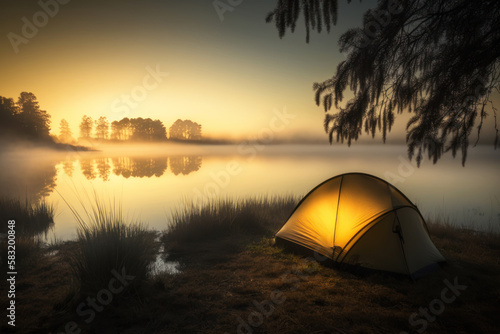 Small tent by the beautiful morning lake, Generative AI