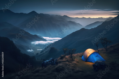 A tent set up in a steep mountainous area, Generative AI