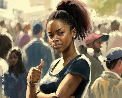 A defiant black girl with her arms crossed giving a decisive thumbs up in front of a crowd.. AI generation