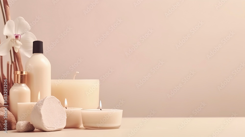 Beauty spa treatment with candles. Composition of spa candles and towels. Space for text. Generative AI