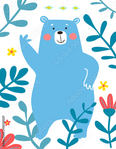 Cute baby bear animal in Scandinavian style isolated on white with floral decoration. Hand drawn bear for kids t shirt print. Animal for children modern simple vector design for greeting card.