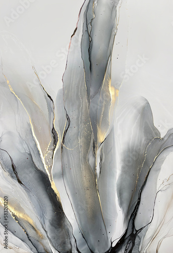 Abstract grey art with gold — shiny marble background with beautiful smudges and stains made with alcohol ink and golden pigment. Black and white fluid texture resembles watercolor or aquarelle.