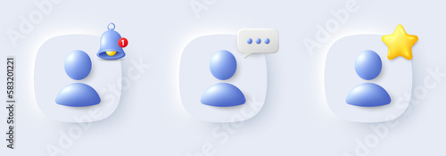 Avatar placeholder 3d buttons. Best friend, bell alert and new message icon. Neutral gender silhouette button with reminder bell, 3d star and speech bubble. Profile headshot icon. Vector