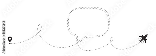 Airplane line path background. Air plane icon with flight route. Travel dash route line, trip flight path. Plane place location, airplane tracker. Dashed line with speech bubble. Vector