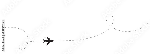 Airplane line path background. Air plane icon with flight route. Travel dash route line, trip flight path. Plane place location, airplane tracker. Dashed line with curl or loop. Vector