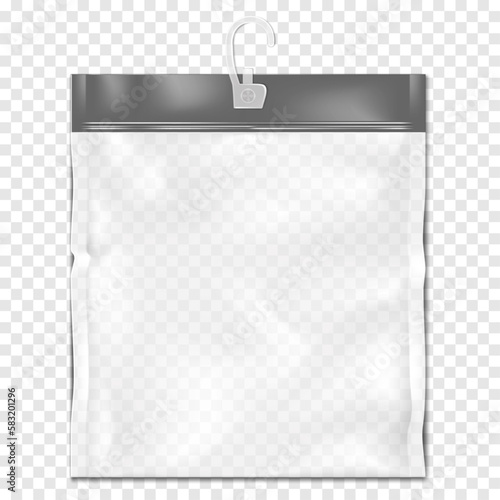 Clear square resealable PVC bag with zip lock and plastic hanging hook on transparent background realistic vector mock-up. Empty zipper vinyl package mockup. Template for design