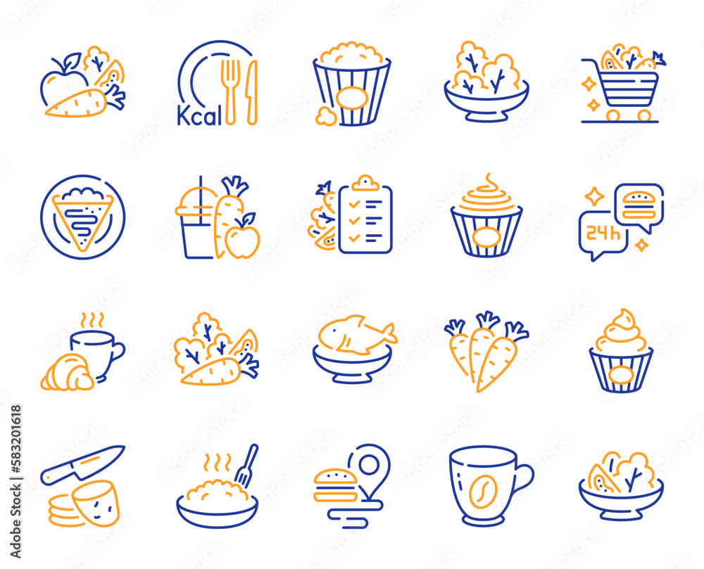Healthy food line icons. Salad with arugula, Cook meal and Diet menu set. Crepe, popcorn food and porridge line icons. Healthy carrots vegetable, fast food delivery and Kcal menu. Vector