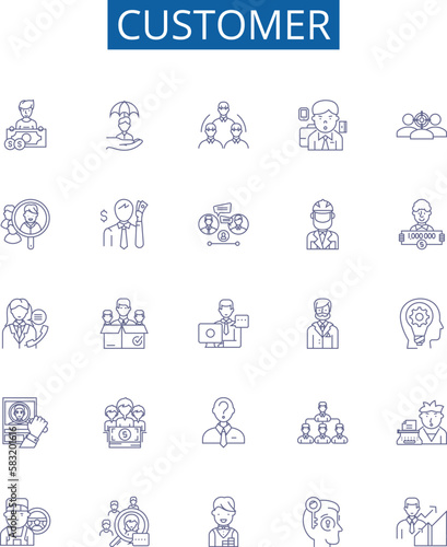 Customer line icons signs set. Design collection of Client, Patron, Purchaser, Consumer, Buyer, Subscriber, User, Guest outline concept vector illustrations
