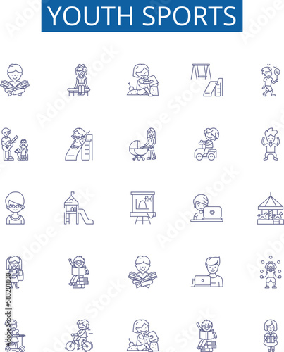 Youth sports line icons signs set. Design collection of Youth, Sports, Soccer, Basketball, Football, Baseball, Hockey, Lacrosse outline concept vector illustrations
