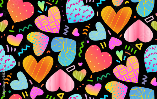 Abstract heart shapes doodle, trendy surface design. Textured repeat background pattern. Love and romance colorful textile texture or wrapping paper. Creative vector seamless pattern design.