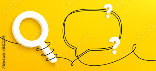 3d search tool with continuous line speech bubble. Single line chat background. Talk text box, feedback message box and comment banner. Hand drawn speech bubble. Continuous line inspect banner. Vector