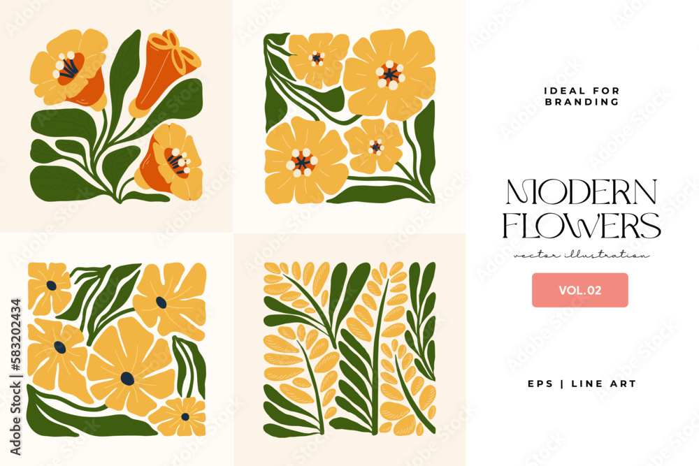 Naklejka premium Floral abstract elements. Botanical composition. Modern trendy Matisse minimal style. Floral poster, invite. Vector arrangements for greeting card or invitation design