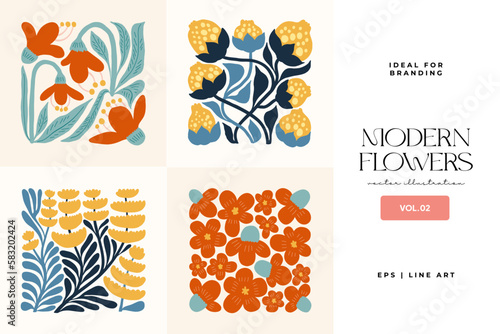 Floral abstract elements. Botanical composition. Modern trendy Matisse minimal style. Floral poster, invite. Vector arrangements for greeting card or invitation design