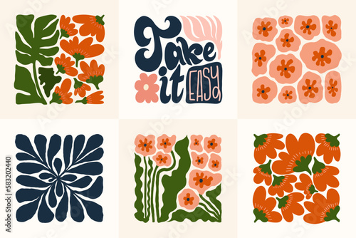 Floral abstract elements. Botanical composition. Modern trendy Matisse minimal style. Floral poster, invite. Vector arrangements for greeting card or invitation design