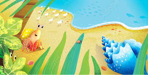 Cute Hermit Crab Finds a big shell on tropical beach. Cute book illustration for kids with sea creatures and shells. Seascape cartoon for children with crab character. Vector drawing.