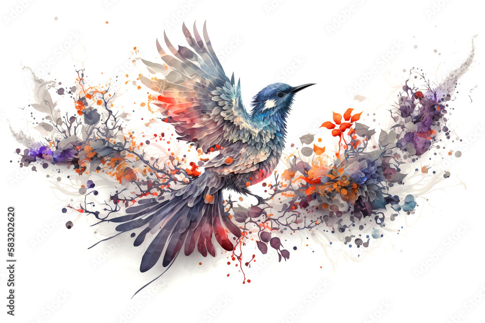 Colorful bird on a branch , floral design element, illustration generative AI
