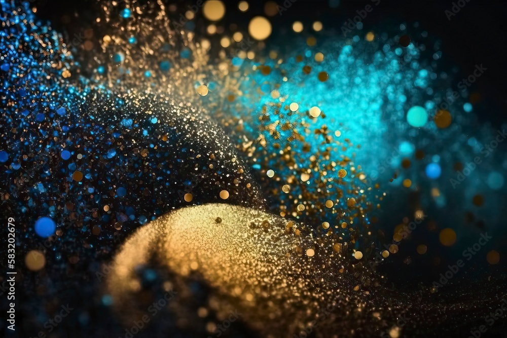 Abstract Glitter Dropping From aIr. Black Background, Bule Golden And Black. Generative AI Abstract Glitter Dropping From aIr. Black Background, Bule Golden And Black. Generative AI