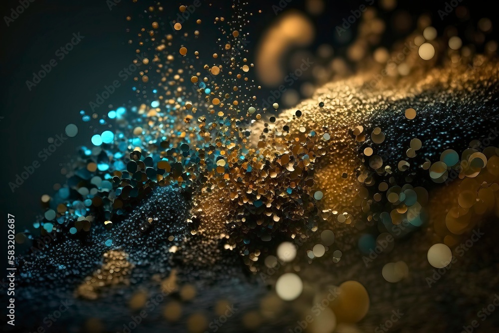 Abstract Glitter Dropping From aIr. Black Background, Bule Golden And Black. Generative AI Abstract Glitter Dropping From aIr. Black Background, Bule Golden And Black. Generative AI