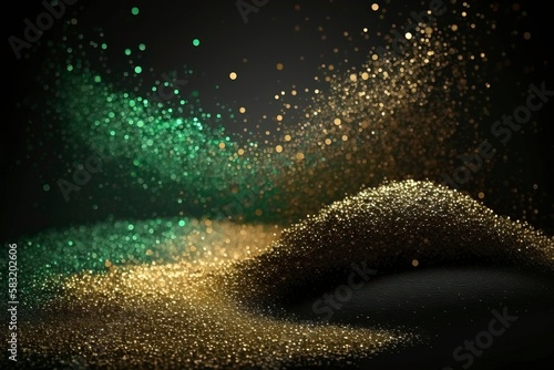Abstract Glitter Dropping From aIr. Black Background   Green Golden And Black. Generative AI