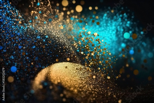 Abstract Glitter Dropping From aIr. Black Background, Bule Golden And Black. Generative AI
