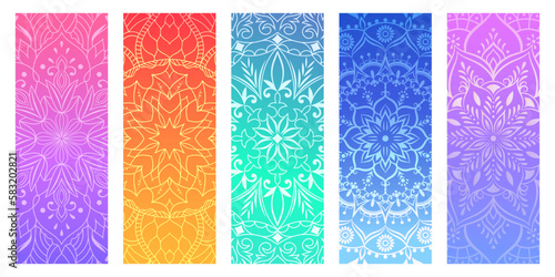 Set of yoga mats, posters, flyers, cards with flower mandalas. Ethnic round ornament.