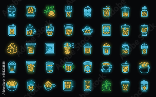 Bubble tea icons set outline vector. Asian balls. Cups drink neon color on black