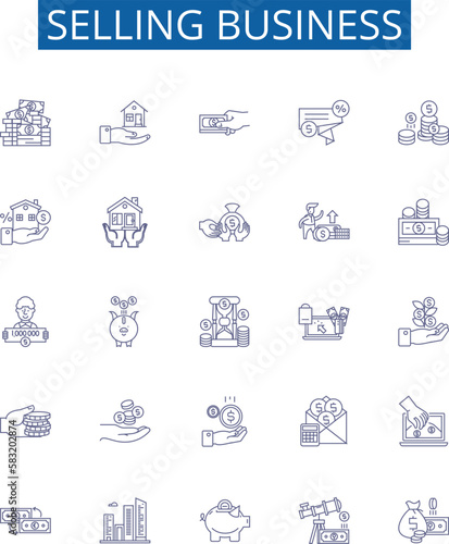 Selling business line icons signs set. Design collection of Vending, Merchandising, Trading, Brokering, Marketing, Promoting, Auctioning, Retailing outline concept vector illustrations
